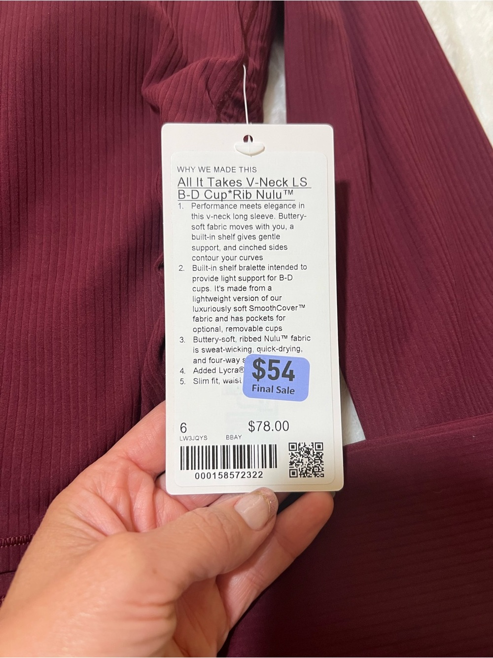 Lululemon All It Takes V-Neck Long Sleeve Ribbed Nulu Top Size 6 Burgundy NWT - Picture 4 of 6